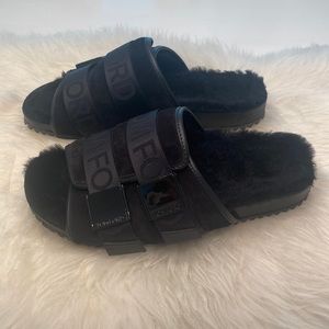 Tom Ford Churchill Shearling Lined Leather Trimmed Suede Slides